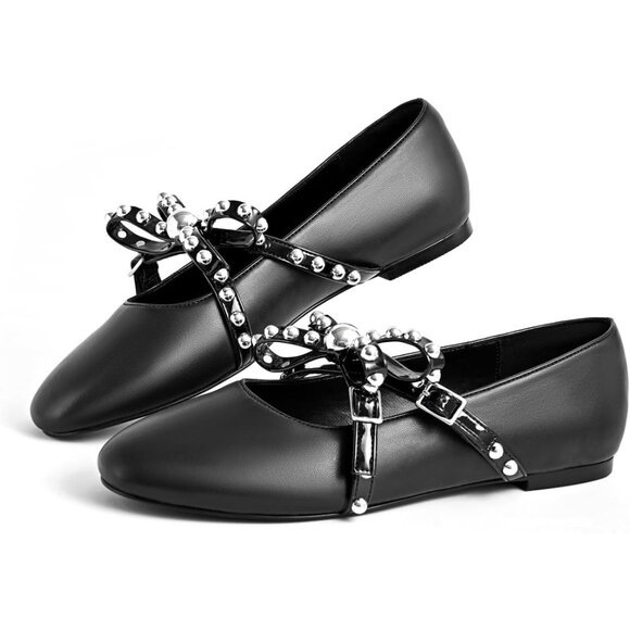 SICARE Mary Jane Black Flats Ballet Flats Shoes Pearl Embellished Bow Loafer - Picture 4 of 10